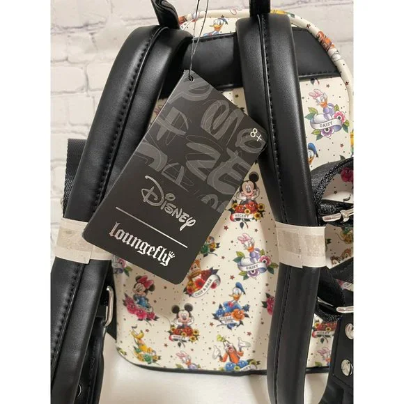 Loungefly Disney Mickey And Friends Tattoo Mini Backpack White Black Bag NEW - Picture 7 of 11
